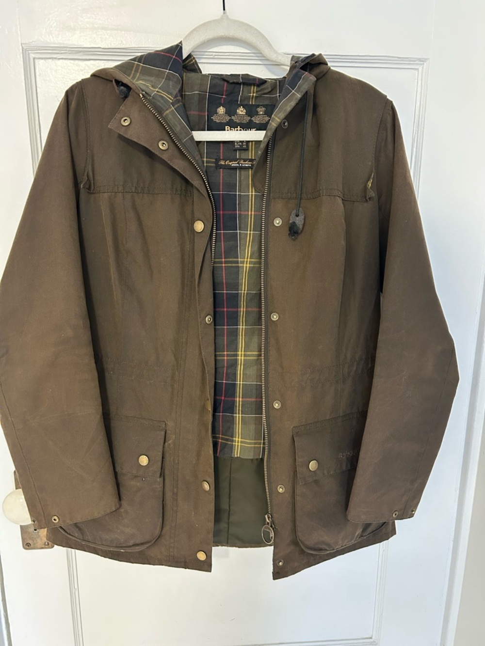 Barbour Brown Hooded Waxed Cotton Field Jacket with Tartan Lining
